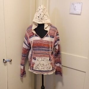 American Rag Red and Cream Knit Top with Lace Detail